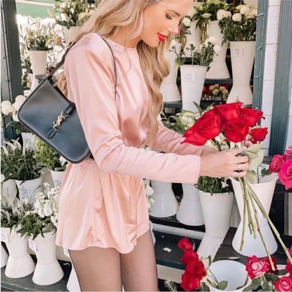 NWT NBD Elegant Pink satin Long Sleeve Romper, M